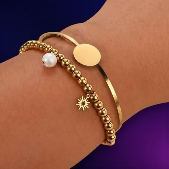 18K Gold Plated Stainless Steel Beaded Bracelet with Sun & Pearl Charms โจ - Picture 3 of 12